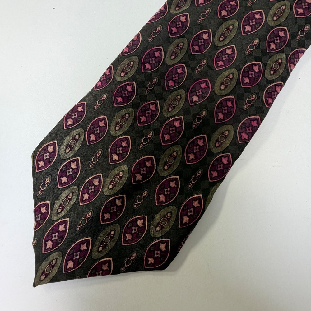 Mallory & Church Tall Mens Silk Tie Purple Olive Geometric Medallion Made in USA